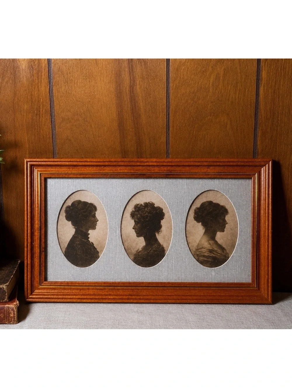 Vintage Triple Oval Photo Frame 20 x 11.5, Wood Tone Collage Frame w/ Plexiglass